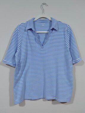 Lands End Womens Polo Shirt XL Blue White Striped Cotton Blend Short Sleeve
